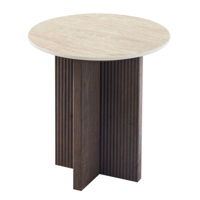 SIDE TABLE SKY HM18330 CERAMIC TOP WITH TRAVERTINE STONE LOOK--MDF BASE IN BROWN Φ45x50H