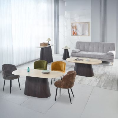 SET 3 TABLES & 1 CONSOLE CATER HM21261 CERAMIC TOP WITH TRAVERTINE STONE LOOK--MDF BASE DARK BROWN
