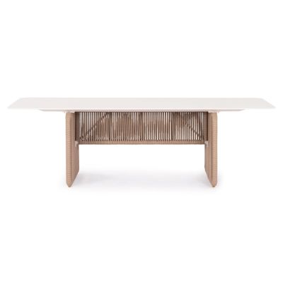 ALUMINUM DINING TABLE SERIES ETHEREAL SM6167 IVORY-COLORED SINTERED STONE TOP-BEIGE P.E.ROPE 240x100x73.5Hm.