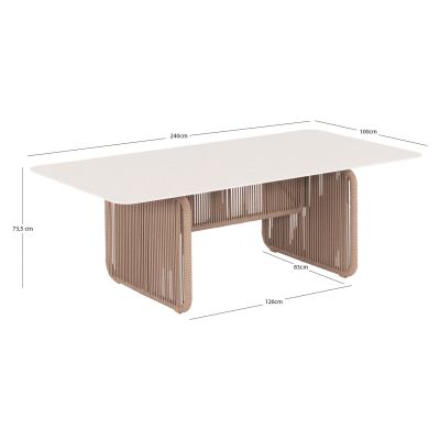 ALUMINUM DINING TABLE SERIES ETHEREAL SM6167 IVORY-COLORED SINTERED STONE TOP-BEIGE P.E.ROPE 240x100x73.5Hm.