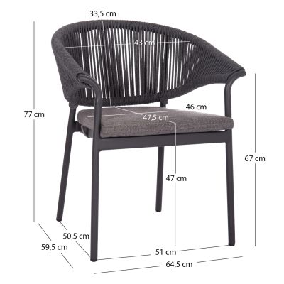 ALUMINUM DINING CHAIR STELLAR SM6320.02 ANTHRACITE FRAME & CUSHION-NATURAL ROPE 64,5x60x78,5Hcm