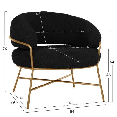 КРЕСЛО TRUDI HM8639.24 ЧЕРЕН МАТЕРИАЛ ОТ БУКЛЕ И ЗЛАТНА МЕТАЛНА КОНСТРУКЦИЯ 84x79x76Hcm.