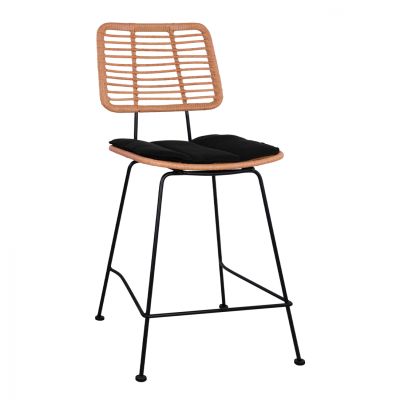 Metal Stool with pillow Allegra HM5644 with wicker in beige color 55x56x107 εκ.