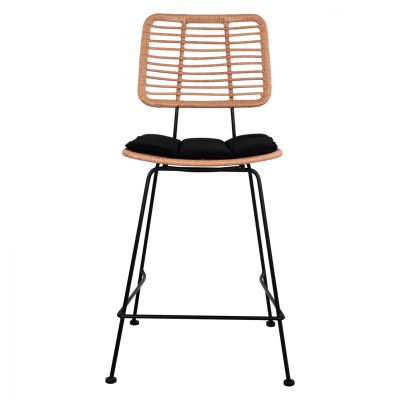 Metal Stool with pillow Allegra HM5644 with wicker in beige color 55x56x107 εκ.