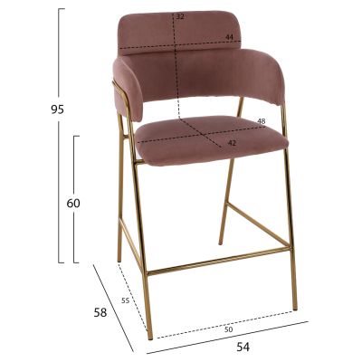 СРЕДНА ВИСОЧИНА ТАБУРЕТКА HM8735.02 КАДИФЕ ДЪСТИ РОЗОВА ЗЛАТНА РАМКА 54x58x95Y см.