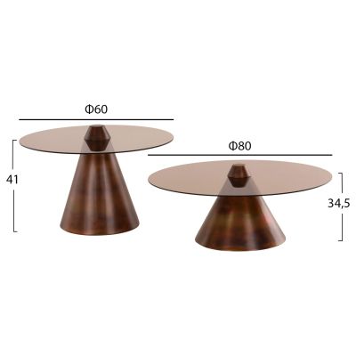 COFFEE TABLES 2PCS REBEN HM9676 METAL IN BURNED COPPER-SMOKE GLASS TOP Φ80 & Φ60 cm.