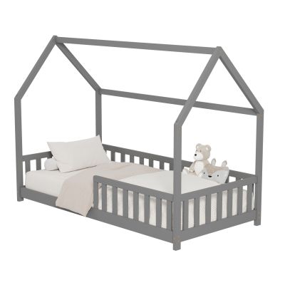 BED FOR KIDS WITH FENCE PHYLLIS HM679.05 t.MONTESSORI SOLID PINE WOOD IN GREY- 190x90cm.