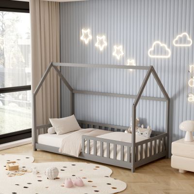 BED FOR KIDS WITH FENCE PHYLLIS HM679.05 t.MONTESSORI SOLID PINE WOOD IN GREY- 190x90cm.