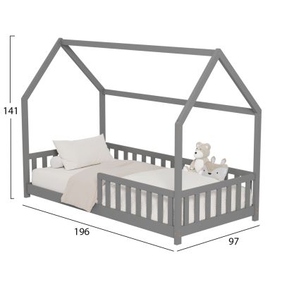 BED FOR KIDS WITH FENCE PHYLLIS HM679.05 t.MONTESSORI SOLID PINE WOOD IN GREY- 190x90cm.