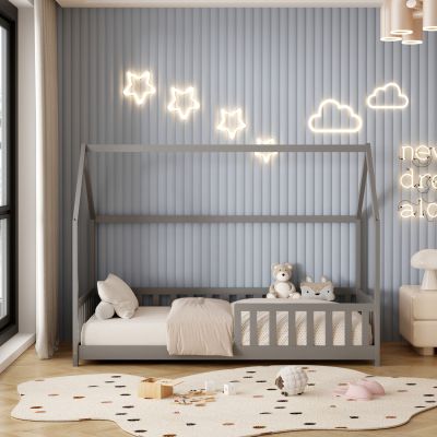 BED FOR KIDS WITH FENCE PHYLLIS HM679.05 t.MONTESSORI SOLID PINE WOOD IN GREY- 190x90cm.