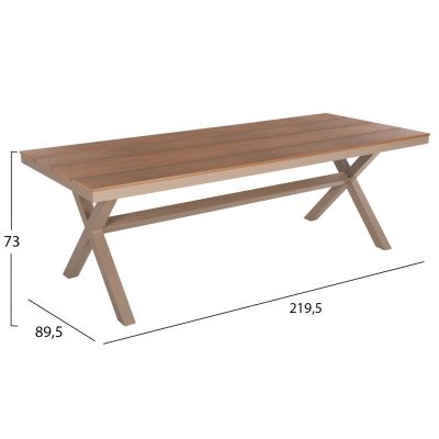 ALUMINUM RECTANGULAR TABLE TAWNEE HM6039.04 CHAMPAGNE COLOR-POLYWOOD IN NATURAL WOOD 219,5x89,5x73Hcm.