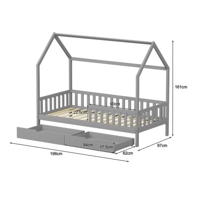 KIDS' BED WITH DRAWERS PHYLLIS HM724.05 PINE WOOD IN GREY 196x97x161Hcm.