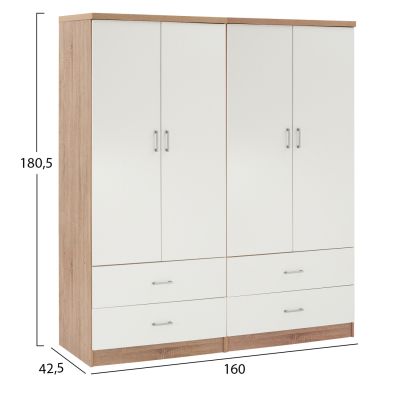 WARDROBE 4-LEAF WITH 4 DRAWERS REINA HM21257 MELAMINE IN WHITE-SONAMA COLOR 160x42.5x180.5Η
