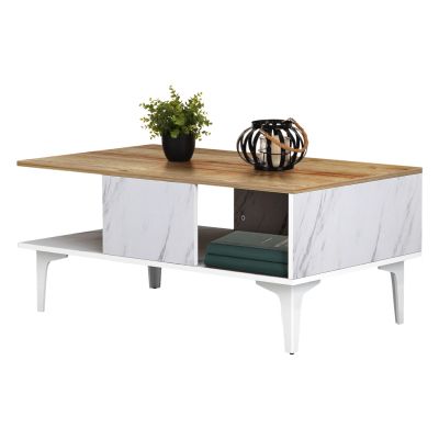 COFFEE TABLE WITH SHELF GUNNEZ HM9036.13 WHITE MARBLE & NATURAL OAK MELAMINE-WHITE LEGS 90x54x39,5Hcm.