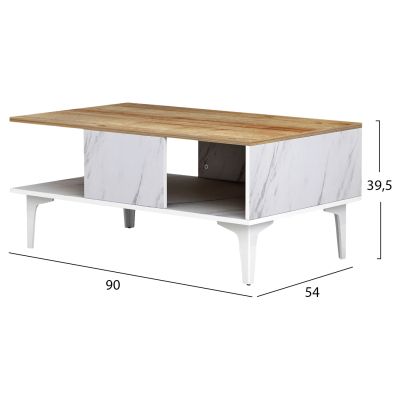 COFFEE TABLE WITH SHELF GUNNEZ HM9036.13 WHITE MARBLE & NATURAL OAK MELAMINE-WHITE LEGS 90x54x39,5Hcm.