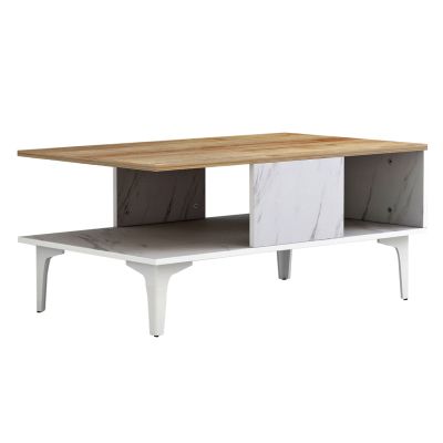 COFFEE TABLE WITH SHELF GUNNEZ HM9036.13 WHITE MARBLE & NATURAL OAK MELAMINE-WHITE LEGS 90x54x39,5Hcm.