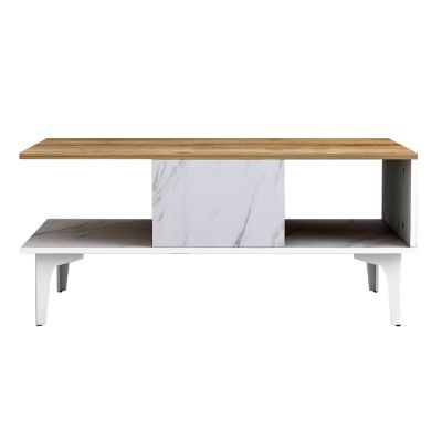 COFFEE TABLE WITH SHELF GUNNEZ HM9036.13 WHITE MARBLE & NATURAL OAK MELAMINE-WHITE LEGS 90x54x39,5Hcm.