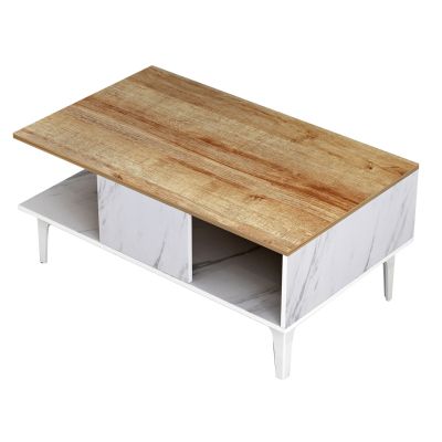 COFFEE TABLE WITH SHELF GUNNEZ HM9036.13 WHITE MARBLE & NATURAL OAK MELAMINE-WHITE LEGS 90x54x39,5Hcm.