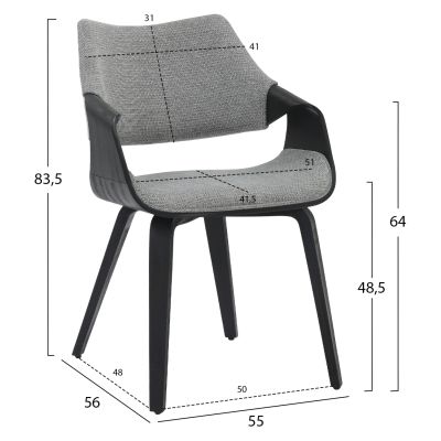 DINING CHAIR NETTO HM9976.02 PLYWOOD FRAME IN BRUSHED BLACK-GREY FABRIC 55x56x83,5Hcm.