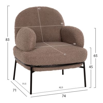 ARMCHAIR AGNES HM9525.25 LIGHT BROWN BOUCLE FABRIC-BLACK METAL LEGS 74x71x83Hcm.
