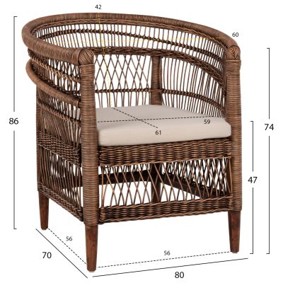 ARMCHAIR MALAWI HM9635.01 MAHOGANY WOOD WITH RATTAN IN BROWN-WHITE CUSHION 80x70x86Hcm.