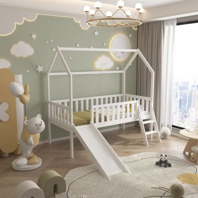 BED FOR KIDS t.MONTESSORI WITH SLIDE PHYLLIS HM701.03 PINE WOOD IN WHITE FOR MATTRESS 190x90cm.