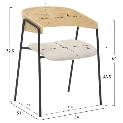 DINING CHAIR KORIN HM9975.01 METAL-BEIGE FABRIC-PLYWOOD 54x51x72,5Hcm.