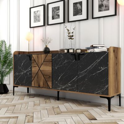 BUFFET MELAMINE HM9433.03 WALNUT WITH BLACK MARBLE-LOOK DOORS 180x35x78Hcm.