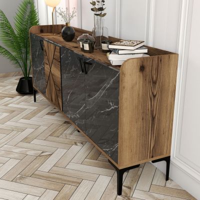 BUFFET MELAMINE HM9433.03 WALNUT WITH BLACK MARBLE-LOOK DOORS 180x35x78Hcm.