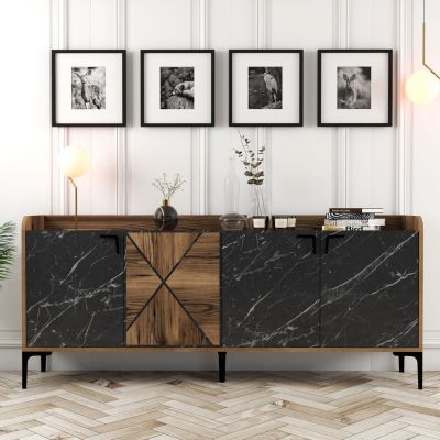 BUFFET MELAMINE HM9433.03 WALNUT WITH BLACK MARBLE-LOOK DOORS 180x35x78Hcm.