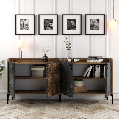 BUFFET MELAMINE HM9433.03 WALNUT WITH BLACK MARBLE-LOOK DOORS 180x35x78Hcm.