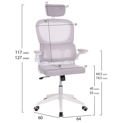 OFFICE CHAIR BASTON HM18236.03 GREY MESH FABRIC & WHITE PP FRAME 64x60x127Hcm.