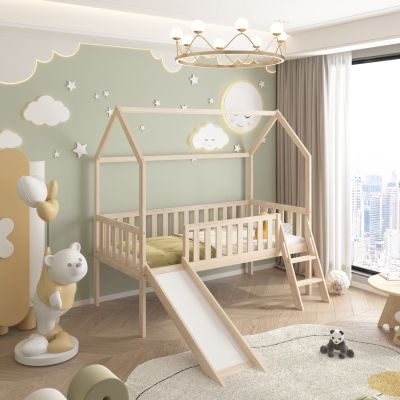 BED FOR KIDS t.MONTESSORI WITH SLIDE PHYLLIS HM701.01 PINE WOOD IN NATURAL FOR MATTRESS 190x90cm.