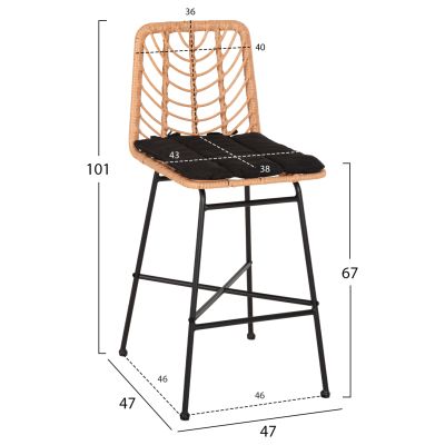 BAR STOOL MED.HEIGHT GERALD HM5707.11 METAL&CUSHION IN BLACK-WICKER IN BEIGE 47x47x101Hcm.