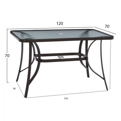 OUTDOOR TABLE BROWN METAL GLASS TOP WITH UMBRELLA HOLE 120Χ70Χ72Hcm.HM5021.12