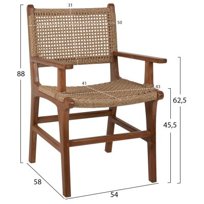 КРЕСЛО МАСИВ ТИК ЕСТЕСТВЕН ЦВЯТ ПЛЕТЕНО РАТАНОВО ВЪЖЕ 54Χ58Χ88Hcm.HM9385.01