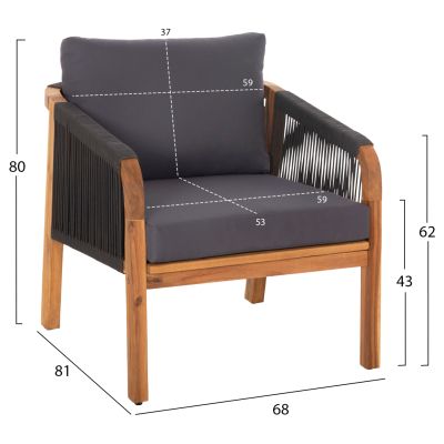 OUTDOOR LOUNGE SET 4PCS ROSSWELL HM6084.01 ACACIA WOOD-ROUND ROPE & CUSHIONS IN ANTHRACITE