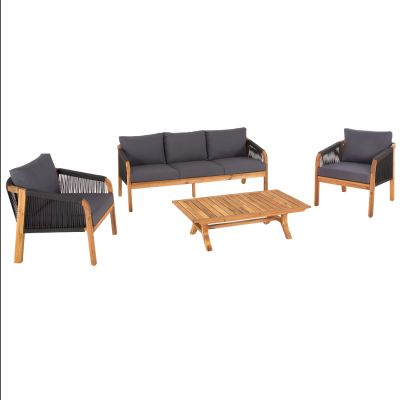 OUTDOOR LOUNGE SET 4PCS ROSSWELL HM6084.01 ACACIA WOOD-ROUND ROPE & CUSHIONS IN ANTHRACITE