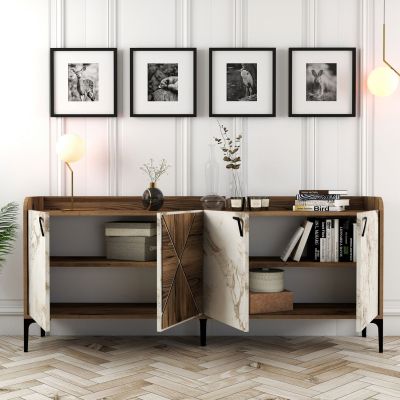 BUFFET MELAMINE WALNUT AND WHITE MARBLE LOOK 180x35x78Ηcm.ΗΜ9433.02