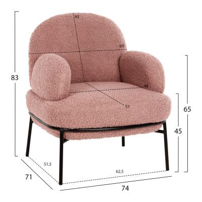 ARMCHAIR AGNES HM9525.22 DUSTY PINK BOUCLE FABRIC-BLACK METAL LEGS 74x71x83Hcm.