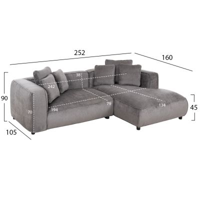 CORNER SOFA 3-SEATER GRACE HM3280.03R GREY FABRIC 252x105-160x70-90Hcm.