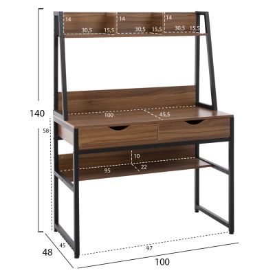 DESK WITH BOOKCASE TANAYA HM2390.12 MELAMINE IN WALNUT & METAL BLACK FRAME 100x48x139H cm.