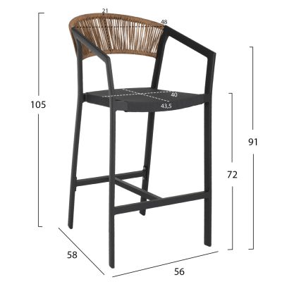 BAR STOOL ALUMINUM WITH ARMS CHARCOAL GREY TEXTLINE PE RATTAN 56x58x105Hcm.HM5892.01