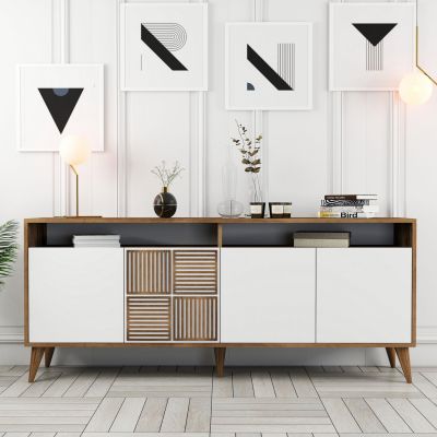BUFFET MELAMINE IN WALNUT WITH WHITE DOORS 180x35x78.6Hcm.HM9431.02