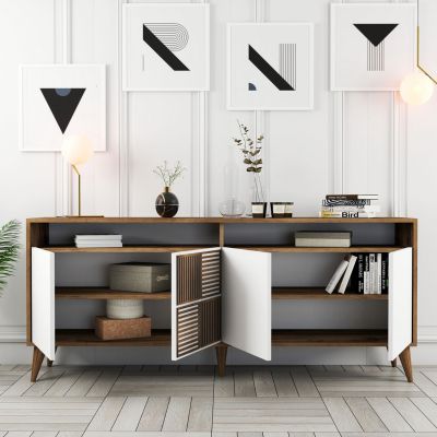 BUFFET MELAMINE IN WALNUT WITH WHITE DOORS 180x35x78.6Hcm.HM9431.02