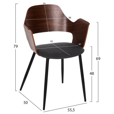 DINING CHAIR VELP HM9616.04 WOOD IN WALNUT-GREY FABRIC-BLACK METAL LEGS 55,5x50x79Hcm.