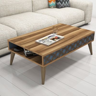 COFFEE TABLE MELAMINE HM9499.02 WALNUT COLOR & SKY BLUE CARVED SIDES 105x60x36.6Hcm.