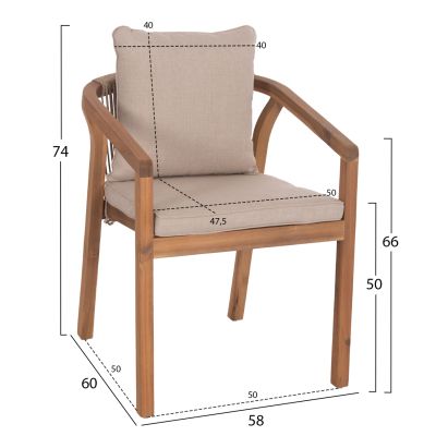 OUTDOOR DINING CHAIR CONTREL HM6244.01 ACACIA WOOD IN NATURAL-ROPE & CUSHIONS IN BEIGE 58x60x74H