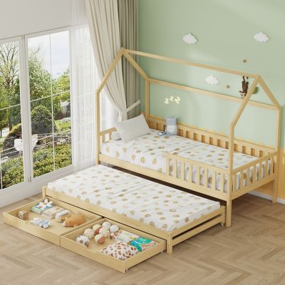 KID'S BED WITH RETRACTABLE SECOND BED & DRAWERS PHYLLIS HM723.03 PINE WOOD IN WHITE 206x97x166Hcm.