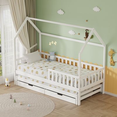 KID'S BED WITH RETRACTABLE SECOND BED & DRAWERS PHYLLIS HM723.03 PINE WOOD IN WHITE 206x97x166Hcm.